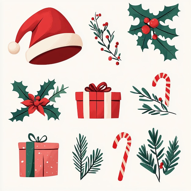 Festive Christmas Clip Art Cheerful Santa Hats Gifts and Holly for Joyful Holiday Designs