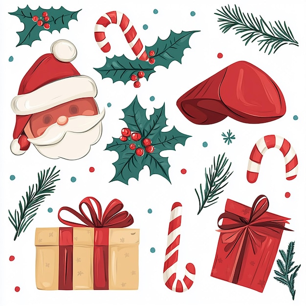 Festive Christmas Clip Art Cheerful Santa Hats Gifts and Holly for Joyful Holiday Designs