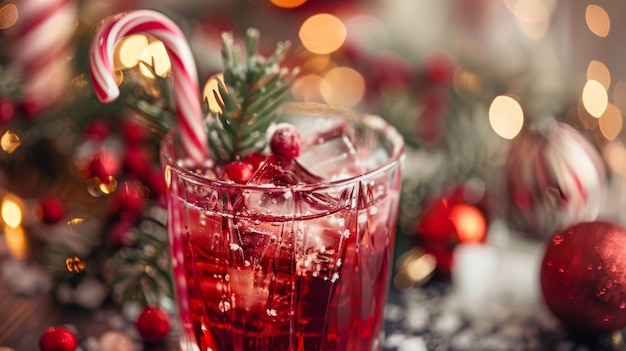 Festive Christmas Cocktail with Candy Cane Garnish and Holiday Decorations for Seasonal Cheer