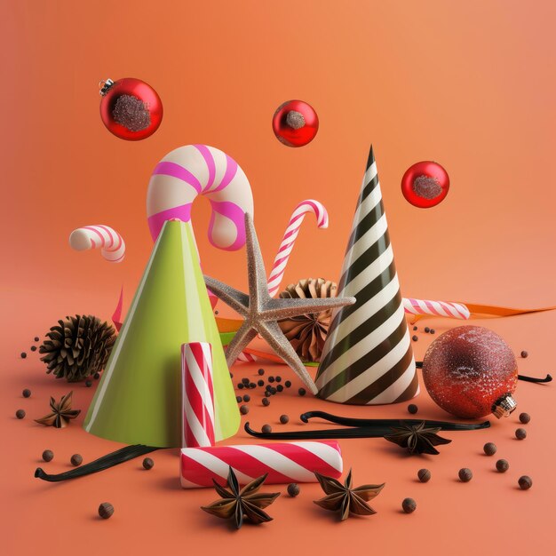 Photo festive christmas composition with candy canes baubles and party hats