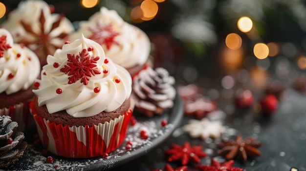 Photo festive christmas cupcakes with icing and decorations