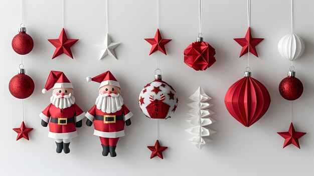 Photo festive christmas decorations with santa claus figures and red ornaments on white background