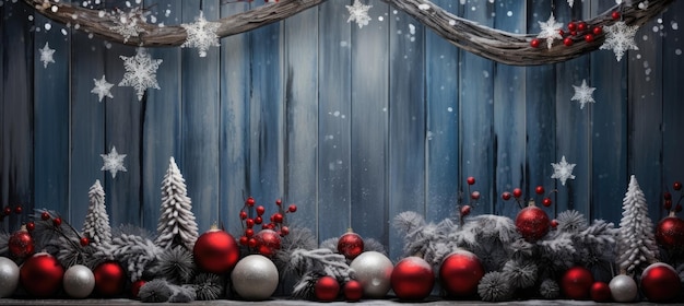 Festive Christmas decorations on a wooden floor against a blue wall