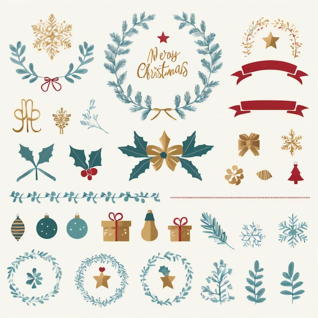 Festive Christmas Design Elements Set Holiday Icons and Decorations in Traditional Colors