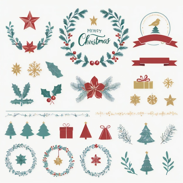 Festive Christmas Design Elements Set Holiday Icons and Decorations in Traditional Colors