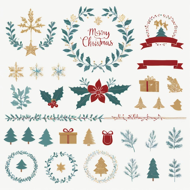 Festive Christmas Design Elements Set Holiday Icons and Decorations in Traditional Colors