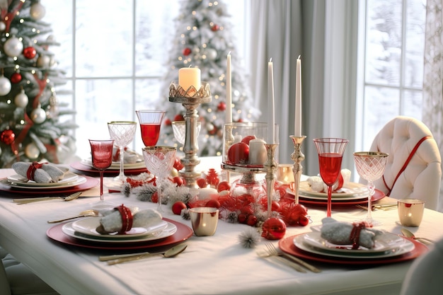 Festive Christmas dinner table in white and red Created using generative AI tools