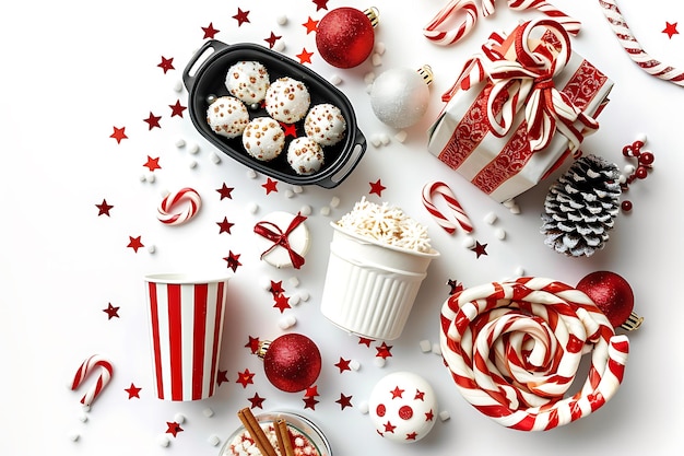 Photo festive christmas flat lay with candy canes ornaments and treats