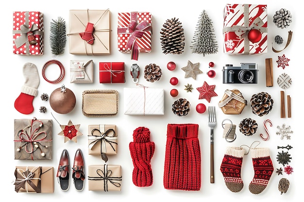 Festive Christmas Flat Lay with Gifts Decorations and Accessories