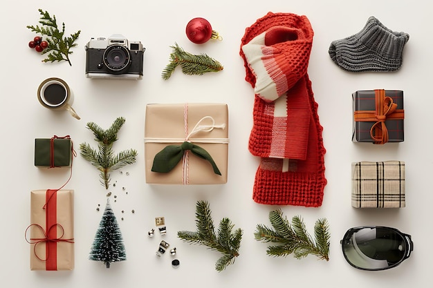 Festive Christmas Flat Lay with Presents Winter Accessories and Coffee