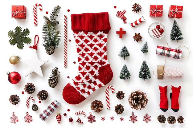 Festive Christmas Flat Lay with Red Stocking and Decorations