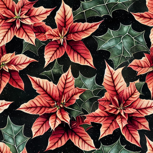 Festive Christmas flowers and plants. Seamless repeating pattern. Digital watercolor