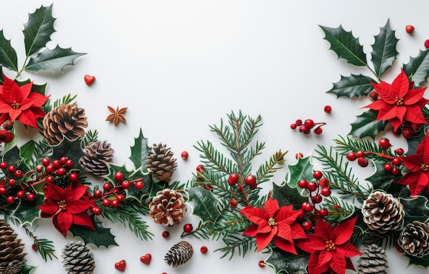 Festive Christmas Garland With Pine Cones Holly and Poinsettia on White Background