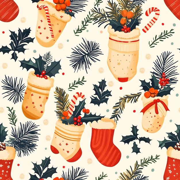 Festive Christmas and Holly Leaves in Minimal Holiday Pattern