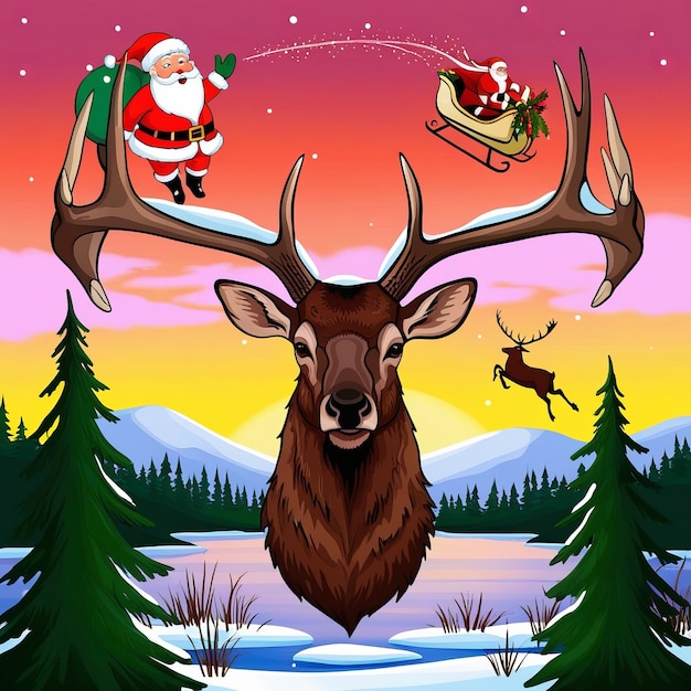 Festive Christmas Illustration of Deer with Santa Claus Sleigh and Winter Landscape at Sunset