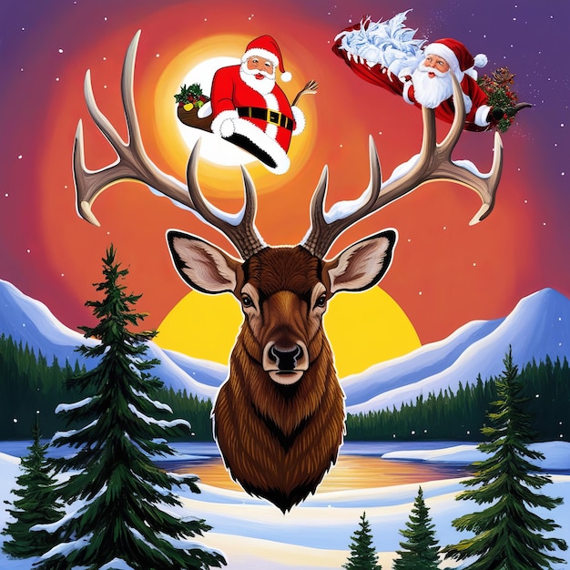 Festive Christmas Illustration of Deer with Santa Claus Sleigh and Winter Landscape at Sunset