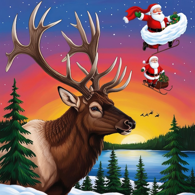 Festive Christmas Illustration of Deer with Santa Claus Sleigh and Winter Landscape at Sunset