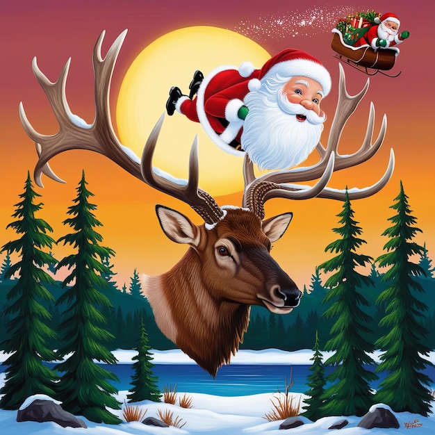 Festive Christmas Illustration of Deer with Santa Claus Sleigh and Winter Landscape at Sunset