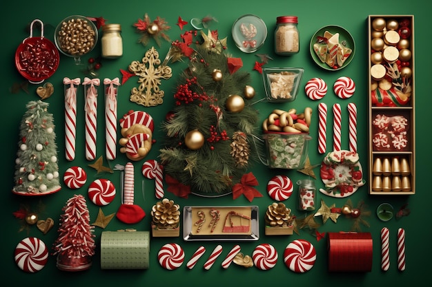 a festive Christmas Knolling on a green background by Generative AI