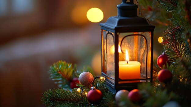 Photo festive christmas lantern with burning candle and decorative balls on fir tree