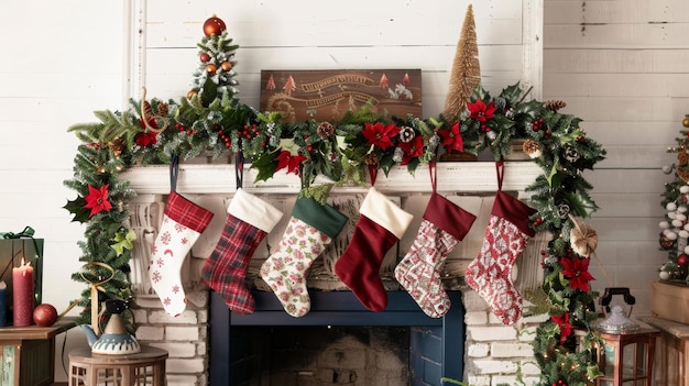 Festive Christmas Mantel with Stockings Garland and Holiday Decor for Seasonal Home Decoration