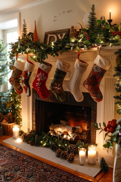 Festive Christmas Mantel with Stockings Garlands and CandlesPerfect Holiday Decor for a Cozy Living Room