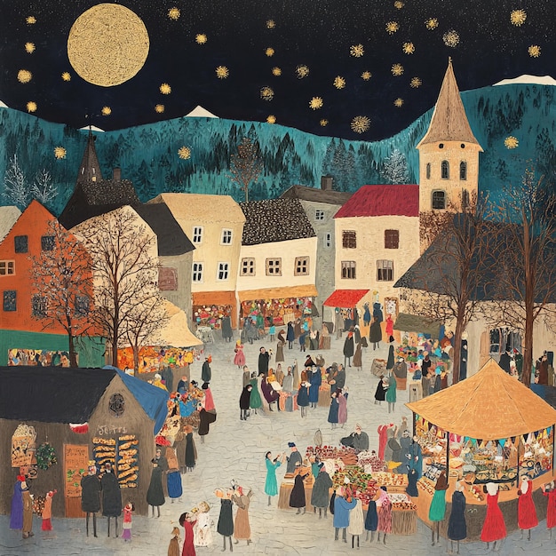 Photo a festive christmas market scene in a quaint village with a full moon and twinkling stars shining in the night sky as people gather around booths and shop for gifts and treats