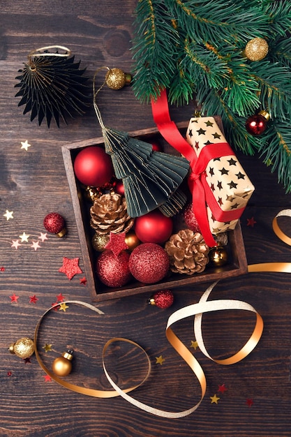 Festive christmas new year background colorful and gold gift boxes and holiday decorations