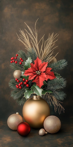 Festive Christmas Ornament Arrangement with Poinsettia