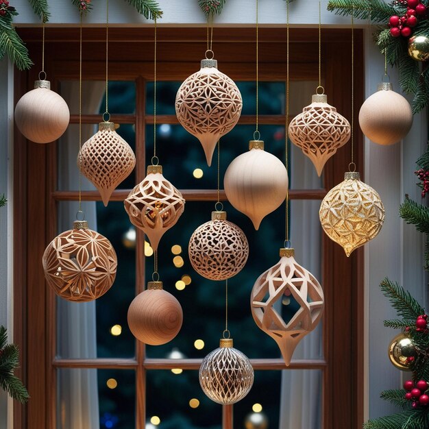 Photo festive christmas ornaments adorned with red bows hanging from a window