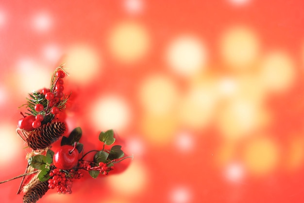 Festive Christmas ornaments and decorations on red background