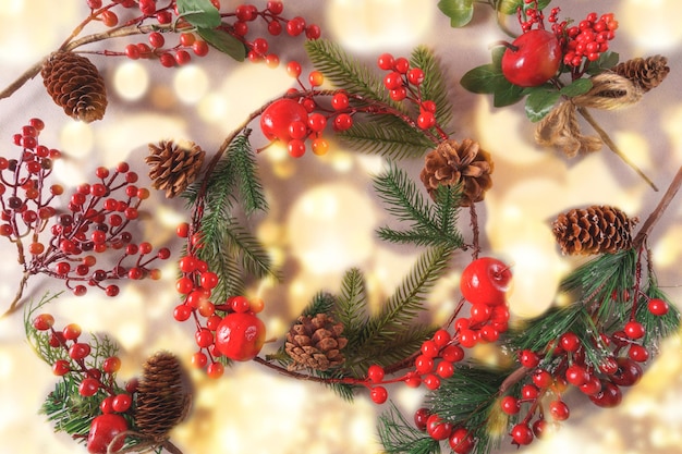 Festive Christmas ornaments and decorations on red background