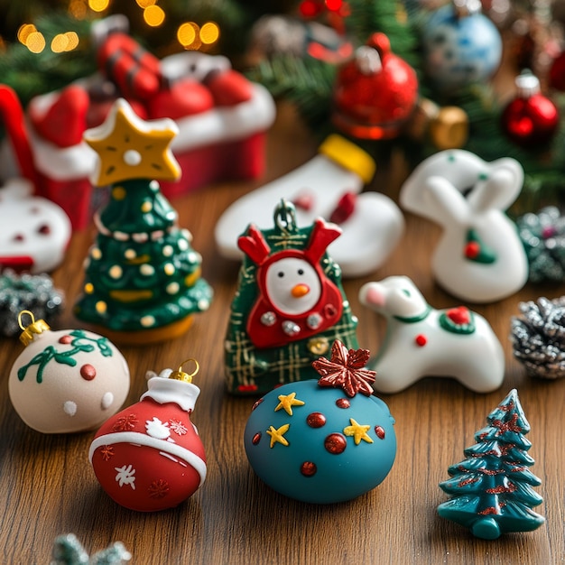 Festive Christmas ornaments on a wooden table including a miniature Christmas tree a snowman and a reindeer