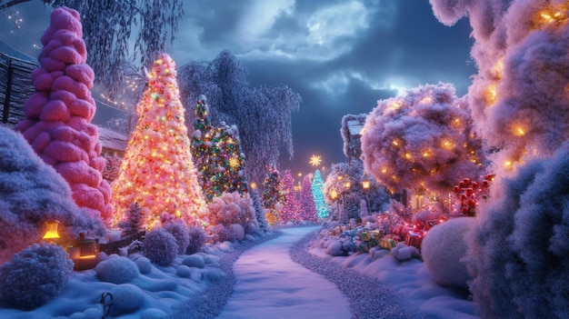 Festive Christmas pathway decorated with colorful lights and trees