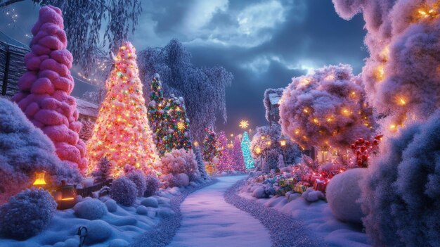 Photo festive christmas pathway decorated with colorful lights and trees