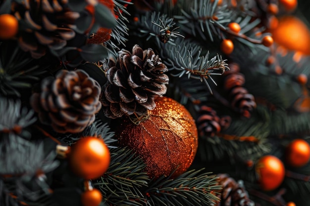 Festive christmas pine cone and ornament detail