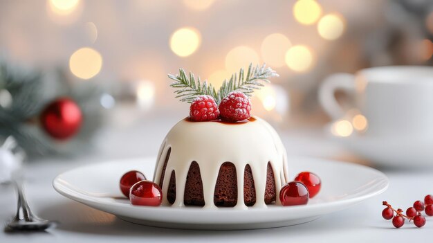 Festive Christmas Pudding Cake with Berry Garnish on Elegant Tabletop Display