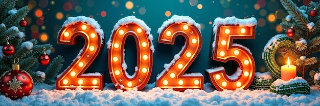 Photo festive christmas scene with the number 2025 prominently displayed suggesting its a celebration of the year 2025