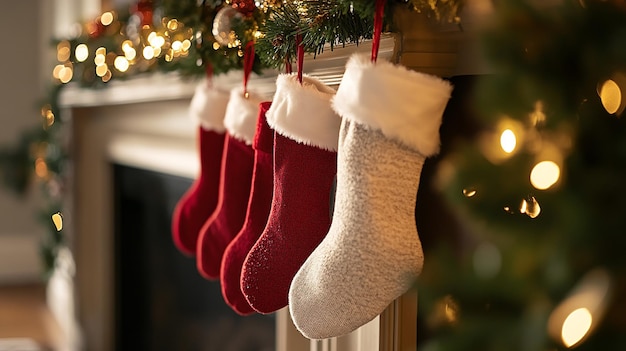 Photo festive christmas stockings hanging on a mantle