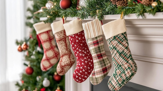 Photo festive christmas stockings hanging on a mantle