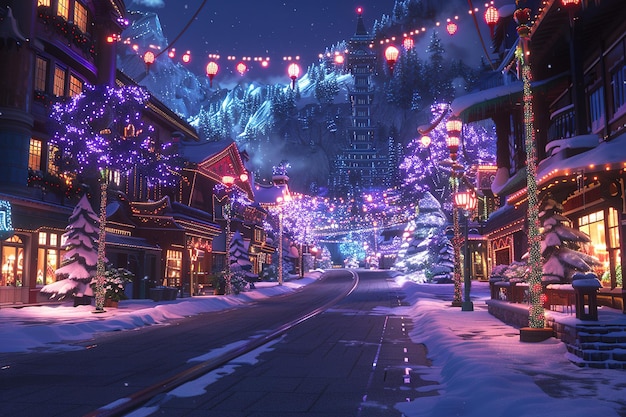 Festive Christmas Street Scene in Snowy Mountain Village at Night