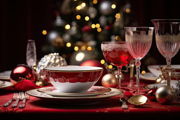 Festive christmas table setting for party christmas tree on background