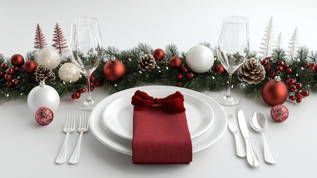 Festive Christmas Table Setting on White Background