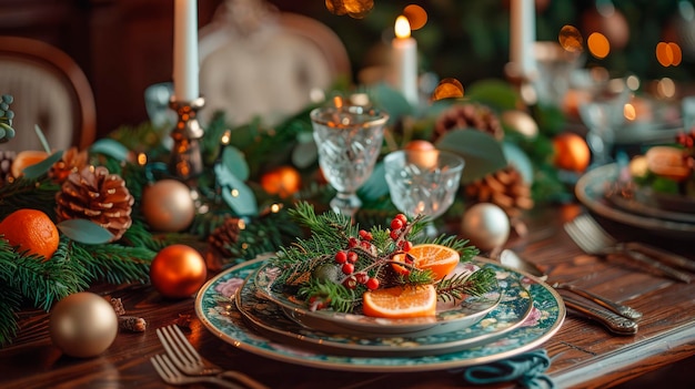 Festive Christmas table setting with elegant plates candles and floral decorations concept holid