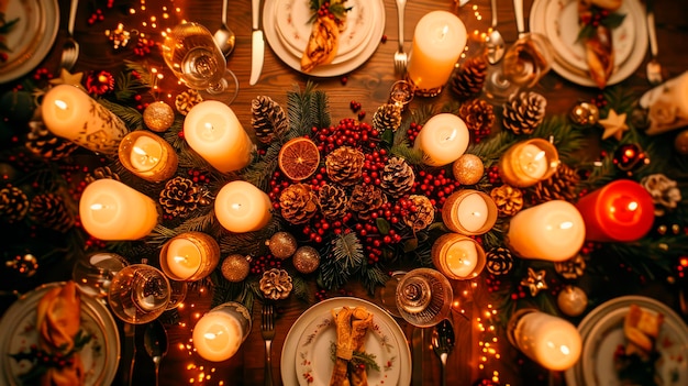 Festive Christmas table setting with elegant plates candles and floral decorations concept holid