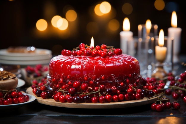 A festive Christmas table with candles holly and red berries