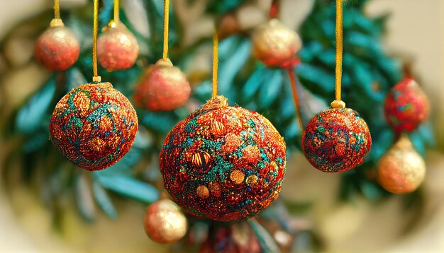 Festive christmas tree balls hanging in tree as christmas decoration