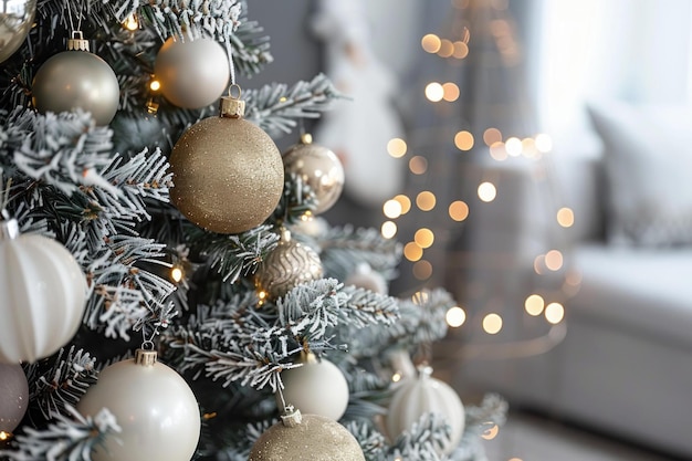 Festive christmas tree decorations with soft bokeh lights