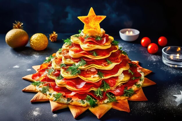 Festive Christmas Tree Pizza on Bokeh Background Generative AI