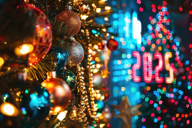 Photo festive christmas tree with colorful bokeh lights and 2025 new year sign